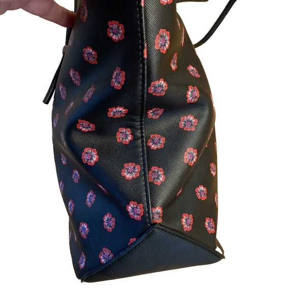 Nine West Large Tote Bag Purse Black w/ Red Pink Floral Geo Faux Leather Zip Top - Picture 7 of 10